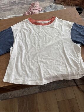 Tee - White with Blue Sleeves & Rust Neck